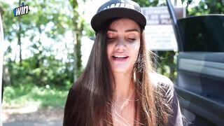 Busty brunette showing off and giving a blowjob on the avenue | Victoria RC | LP Produções